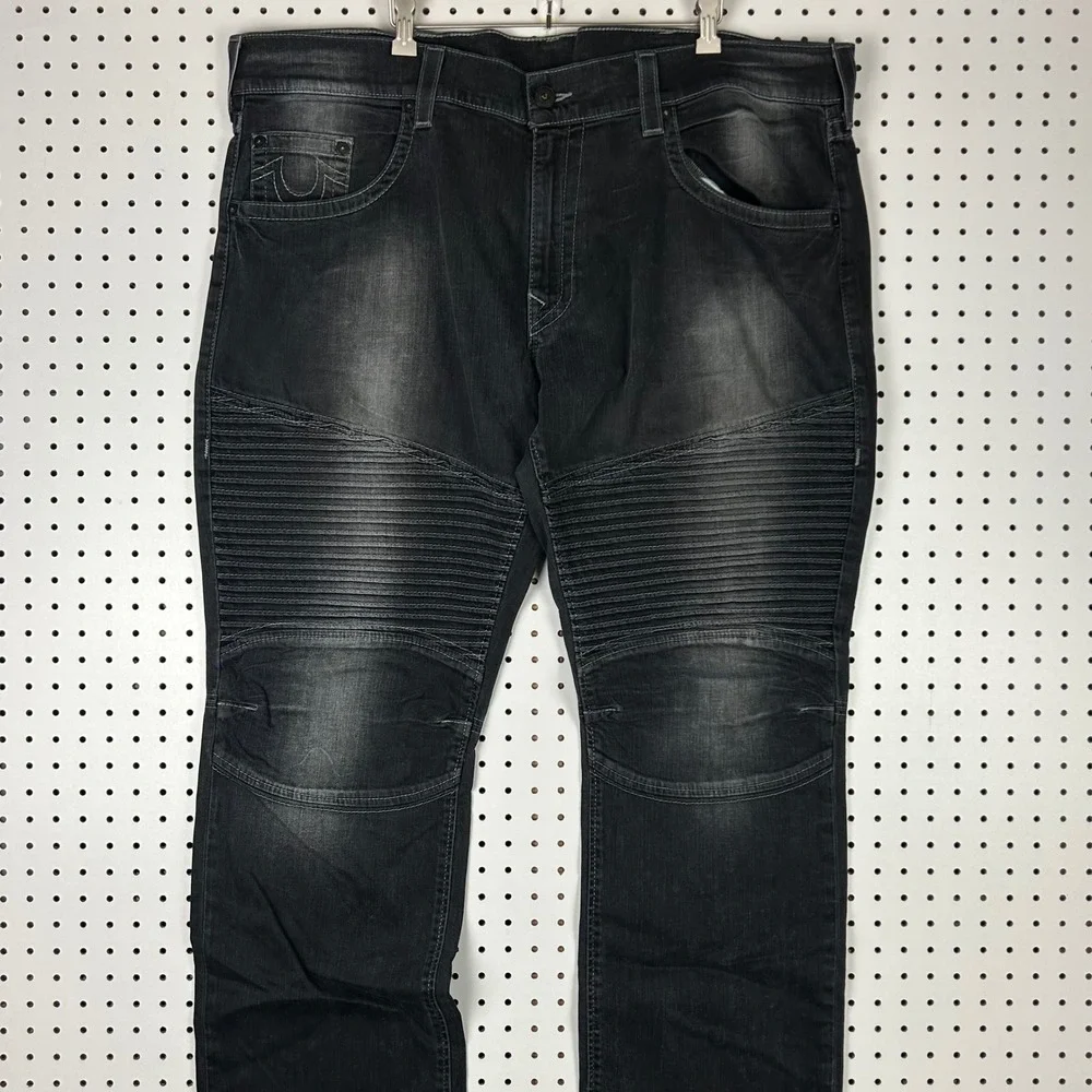 True Religion Moto Gothic Jeans 44x36 Black Washed Biker Denim Pants Streetwear